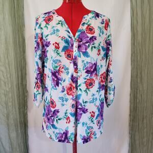 Emily‎ Daniels White w Blue Red Floral Stretch Roll Tab Sleeves blouse Size L